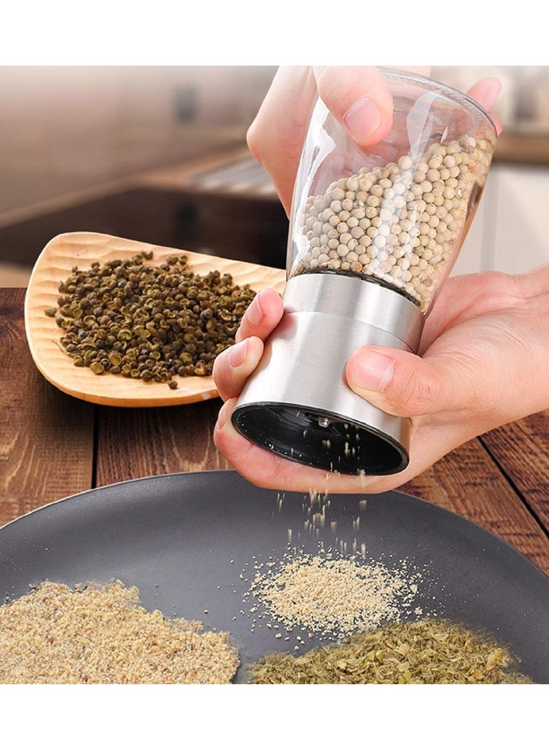 XiuWoo Stainless Steel Sea Salt & Pepper Grinder Refillable Set, Manual Adjustable Ceramic Salt and Pepper Grinders, Clear Glass Metal Pepper Mill Set - 2 Pack  - Image 5