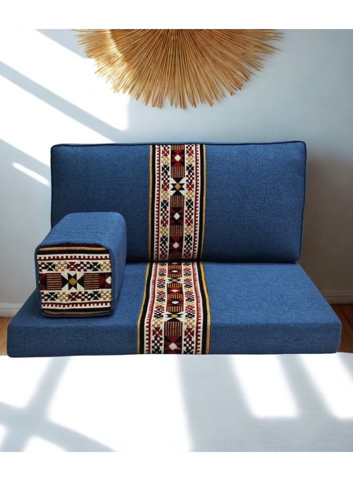 سمارت هوم جلسة أرضية تراثية عربية لشخصين 3 قطع  بمقاس (طول 70 سم × عرض 100 سم × ارتفاع 60 سم) – مفروشات مجالس عربية مريحة مع مسند وظهر مزخرف – جلسة أرضية للمنزل، الضيوف، المخيمات والرحلات - Image 2