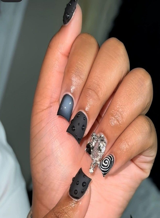 QQPPOLIU 3D Short Press on Nails Square Fake Nails with Rhinestones and Butterfly Design Multi-Color False Nails - Image 1