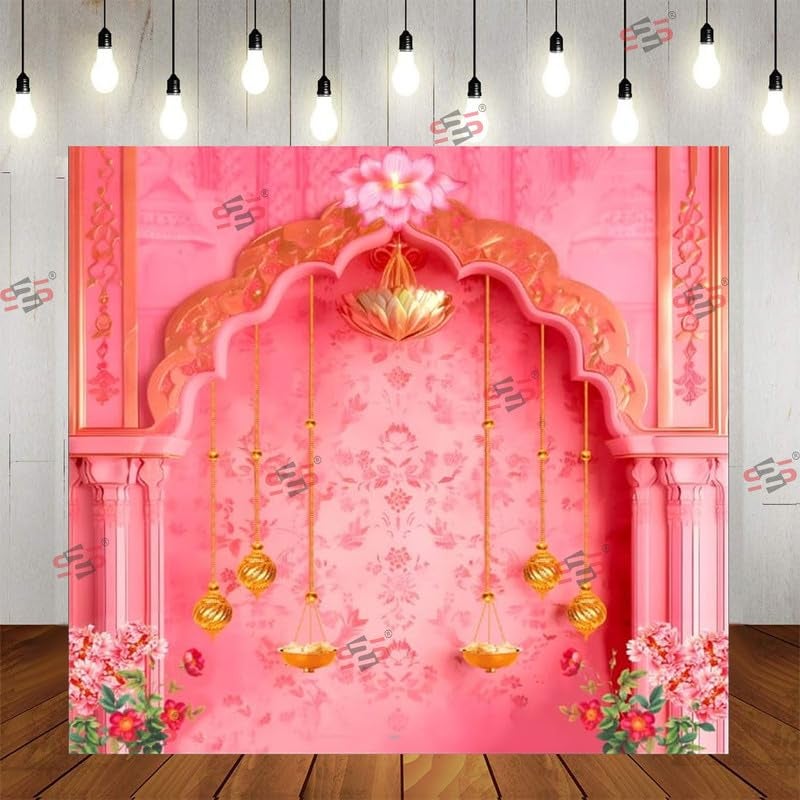 S2S قماش خلفية قوس وردي لتزيين البوجا التقليدي، قماش تزيين خلفية | قماش ستارة للمهرجانات والفعاليات والمناسبات - (5 × 5 قدم) (قوس وردي) - Image 1
