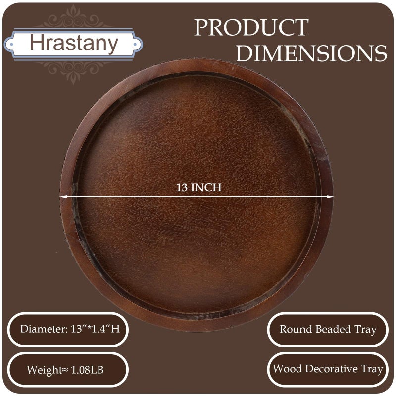 Hrastany Wood Decorative Serving Tray with Bead, Round Vintage Wooden Ottoman Tray for Home Centerpiece, Counter Organizer, 13â€ Circle Tray for Kitchen, Living Room (Dark Brown) - Image 3