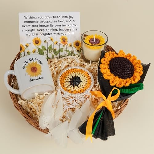 Rarejoy Gifts for Women, Combo Set of 5 Items Includes Forever Sunflower Crochet, Handmade Dreamcatcher, Luxury Scented Candle, Ceramic Mug, Greeting Card, Valentine and Anniversary Gift - Image 1
