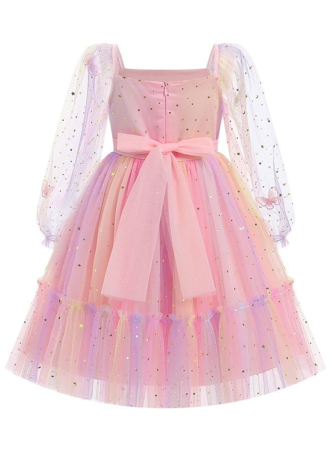 ODOLDI Kids Girls Birthday Party Long Sleeve Star Glitters Tulle Tutu Dress 3D Butterfly Star Sequins Ruffle Dress, Pink Star Gradient, 4-5 Years - Image 2