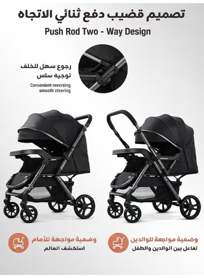 ريوليو عربة أطفال ثنائية الاتجاه | ممتصة للصدمات بشكل ممتاز | مواجهة للأمام وللأهل | مظلة ومقعد كبيران | حزام أمان بخمس نقاط | حامل أكواب | سلة كبيرة | قابلة للطي بسرعة | من 0 إلى60 شهرًا | باللون الأسود - Image 2