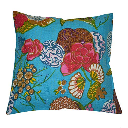 TI AMO Textile Art Cotton Fruit Kantha Embroidery Cushion Cover (16x16-inches) - Set of 1 Terquise - Image 3