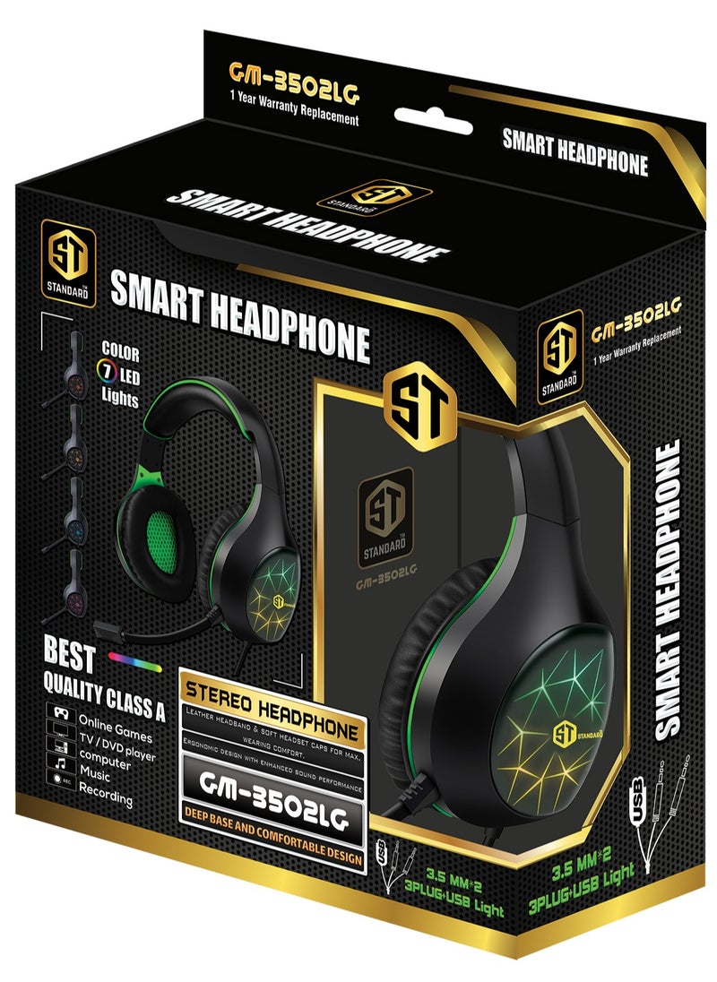 Standard GM-3502LG Standard Gaming Headphones (3.5mm) Surround Sound - Flexible Unbreakable Volume Control Microphone Surround Sound 2-Jack to 1-Jack (gift)- Adapter for ps4 - mobile -Use  RGB lights  - Image 1