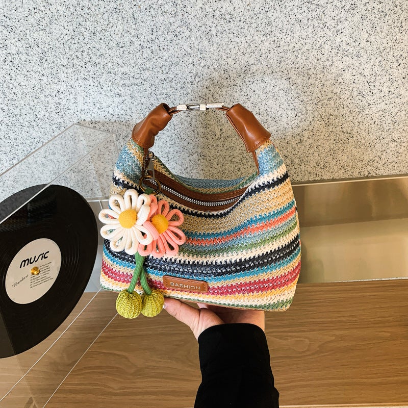 Rainbow Stripe Straw Woven Shoulder Bag for Women 2026 Summer Beach Vacation Tote - Image 4