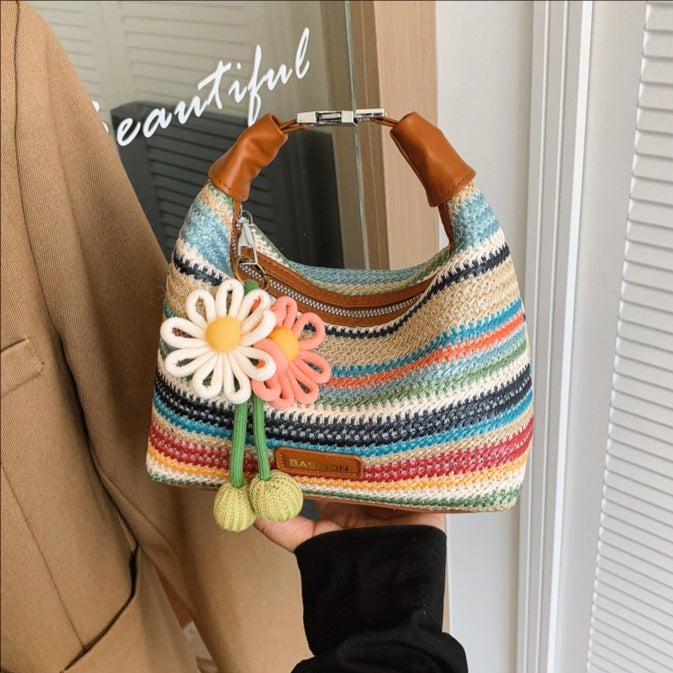 Rainbow Stripe Straw Woven Shoulder Bag for Women 2026 Summer Beach Vacation Tote - Image 1