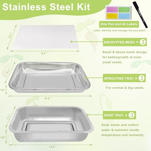 TCYPUHL Stainless Steel Sprouts Growing Kit 3-Tier 10.4 inch Trays, Microgreens Growing Kit, Seed Sprouting Tray with Encrypted Mesh Sprouts for Beans Alfalfa Broccoli Wheat Grass - Image 3