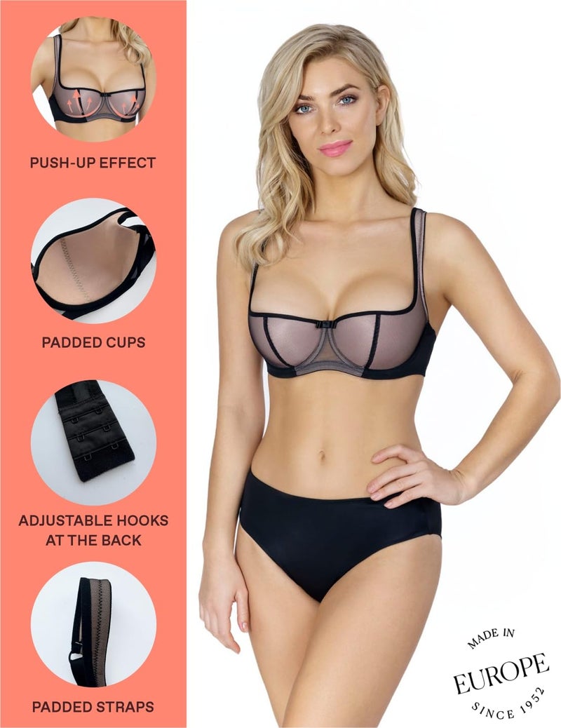 Rosme Women's Balconette Bra with Push Up Effect â€“ Plus Size Sexy Lace Demi Half Cup Bra â€“ Lightly Padded Underwired Low Cut Mesh Design Grand, Black/Beige, Size 36C - Image 3