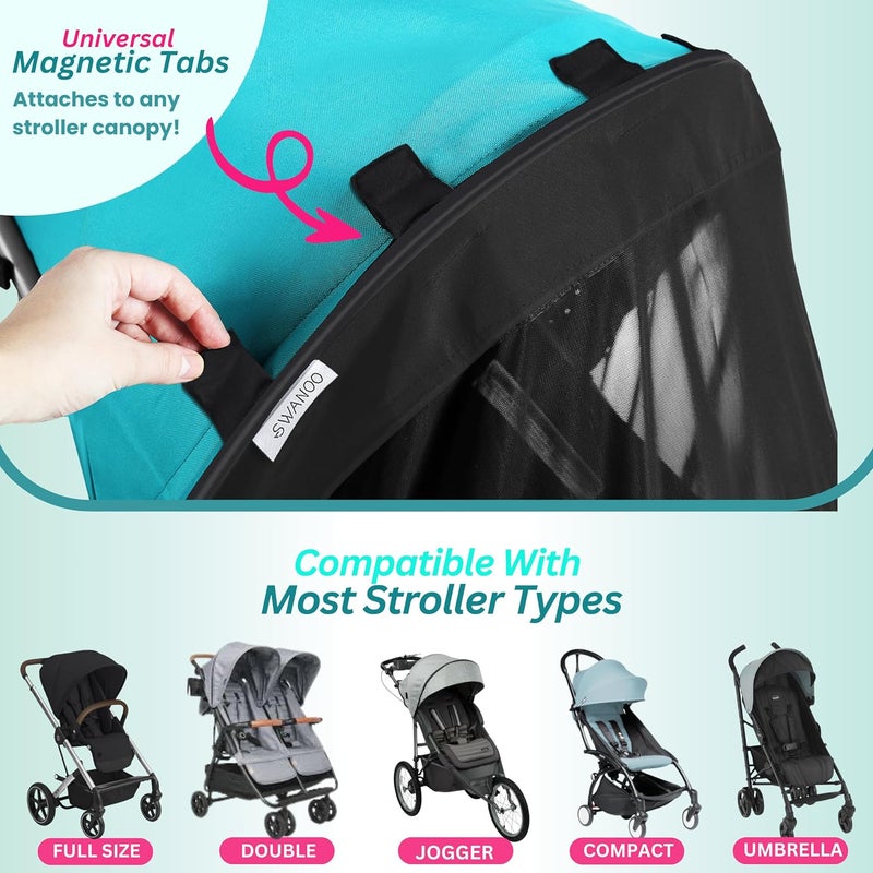 Swanoo Stroller Sun Shade Cover Mosquito Net for Stroller Shade Extender with Magnetic Tabs Block 70 of UV Rays Bug Net Sun Protection Baby Stroller Accessories Stroller Canopy - Image 3