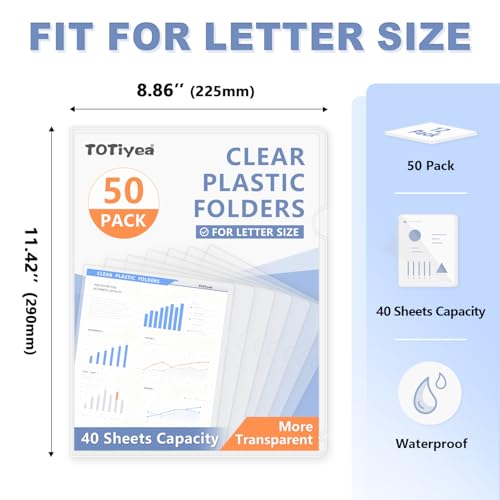 TOTiyea 50 Pack Clear Folder, 7Mil Plastic L-Type Folders, Clear Copy Safe Project Pocket, Fits Letter Size 8.5x11 Paper, Transparent - Image 2