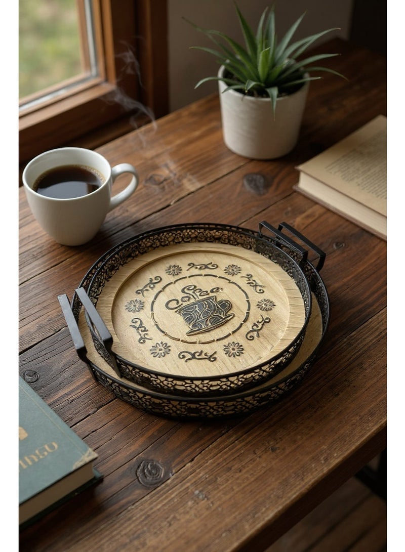 Living Set of 2 round trays with black steel edges and a wooden glass base - Image 1