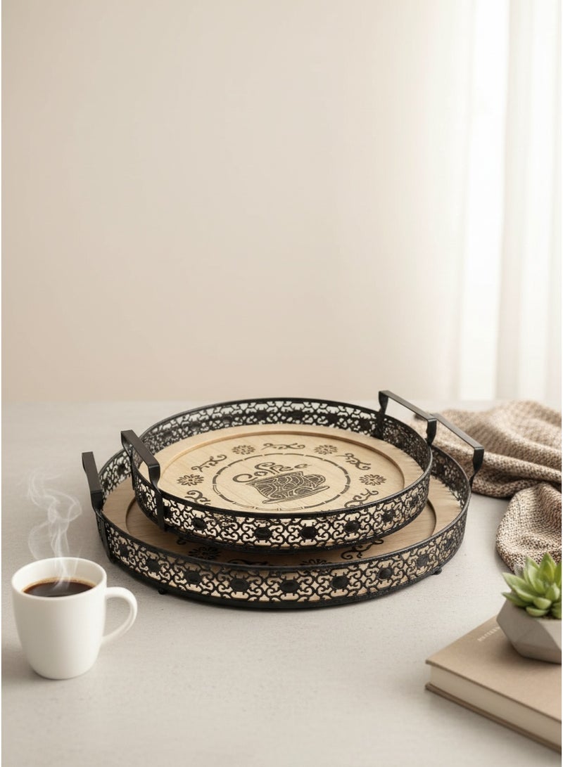 Living Set of 2 round trays with black steel edges and a wooden glass base - Image 2