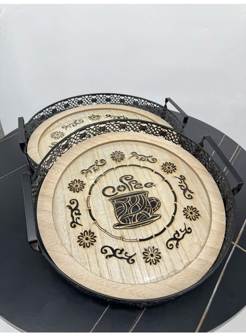 Living Set of 2 round trays with black steel edges and a wooden glass base - Image 3