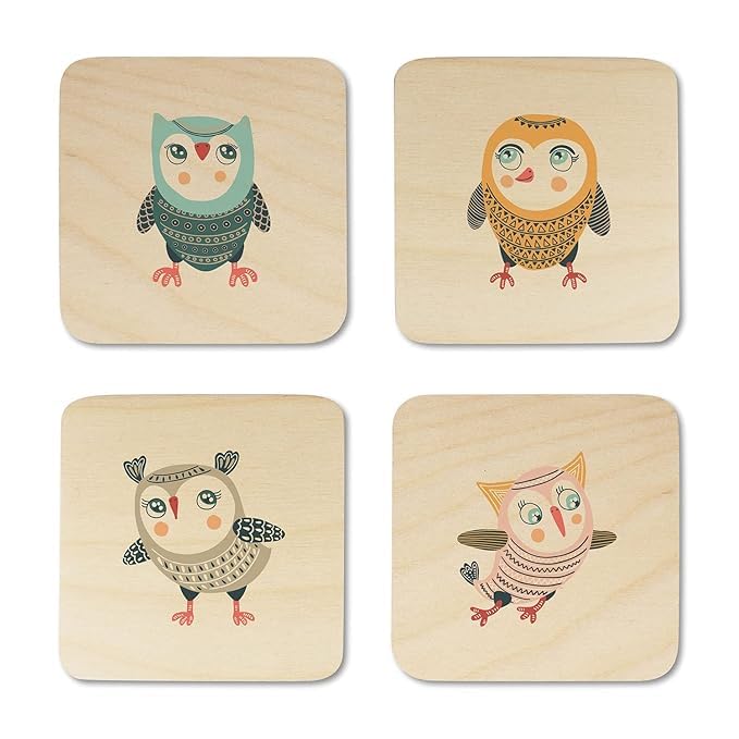 OUTFITQUE Funny Owl Printed Wooden Coaster with Stand Set of 4 35 X 35 Inch