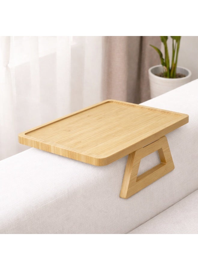UKR Foldable Sofa Armrest Tray Table Bamboo Couch Arm Table with Secure Spiral Grip Space-Saving Sofa Side Table Alternative for Drinks, Snacks & Remotes Fits Arms Up to 14" Wide (33 x 24 cm) (Oak) - Image 1
