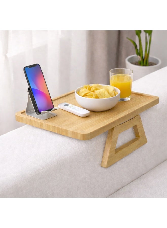 UKR Foldable Sofa Armrest Tray Table Bamboo Couch Arm Table with Secure Spiral Grip Space-Saving Sofa Side Table Alternative for Drinks, Snacks & Remotes Fits Arms Up to 14" Wide (33 x 24 cm) (Oak) - Image 2