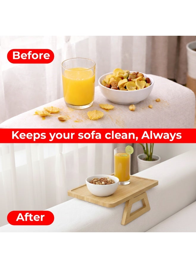 UKR Foldable Sofa Armrest Tray Table Bamboo Couch Arm Table with Secure Spiral Grip Space-Saving Sofa Side Table Alternative for Drinks, Snacks & Remotes Fits Arms Up to 14" Wide (33 x 24 cm) (Oak) - Image 4