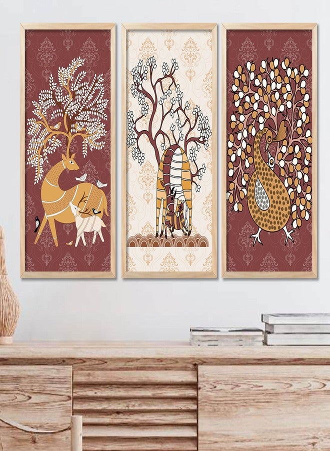 walllane Gond Wall Art Painting for wall Decoration Frames |Traditional Indian Art Pichwai Wall Décor Paintings | Traditional Indian Art Pichwai Wall Décor Paintings Set of 3 (10X19 INCH, F) - Image 1