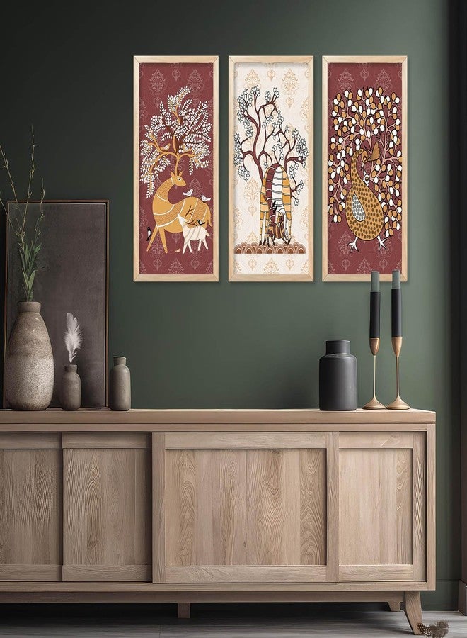 walllane Gond Wall Art Painting for wall Decoration Frames |Traditional Indian Art Pichwai Wall Décor Paintings | Traditional Indian Art Pichwai Wall Décor Paintings Set of 3 (10X19 INCH, F) - Image 5