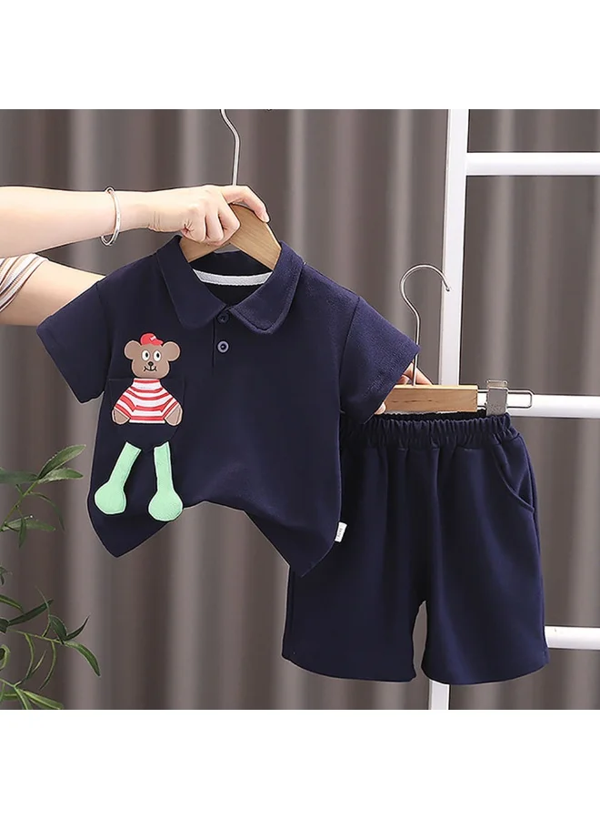 LITTLE SURPRISE BOX Navy Long Legs Teddy 2 Pcs Shorts Set For Toddlers And Kids