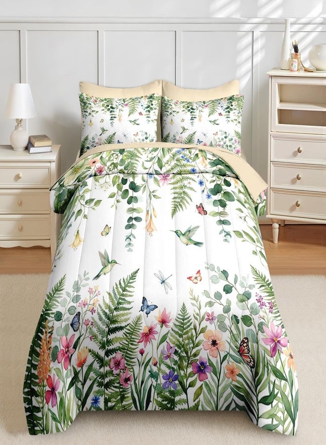 Nesker 7 Pcs Spring Comforter Set King Size, Floral Hummingbird Butterfly Bedding Set for Kids and Adults, Fern Botanical Nature Bed Sheet Sets with Fitted Sheet 2 Pillowcases & 2 Shams - Image 3