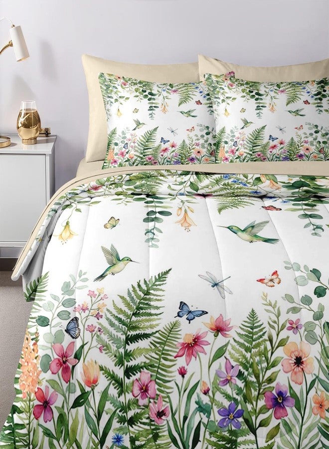 Nesker 7 Pcs Spring Comforter Set King Size, Floral Hummingbird Butterfly Bedding Set for Kids and Adults, Fern Botanical Nature Bed Sheet Sets with Fitted Sheet 2 Pillowcases & 2 Shams - Image 5