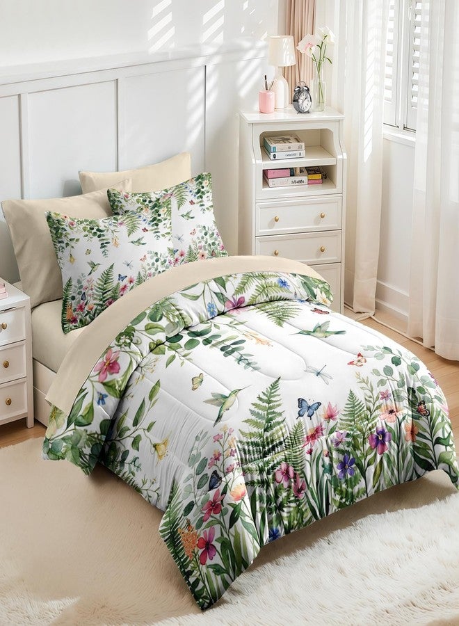 Nesker 7 Pcs Spring Comforter Set King Size, Floral Hummingbird Butterfly Bedding Set for Kids and Adults, Fern Botanical Nature Bed Sheet Sets with Fitted Sheet 2 Pillowcases & 2 Shams - Image 4
