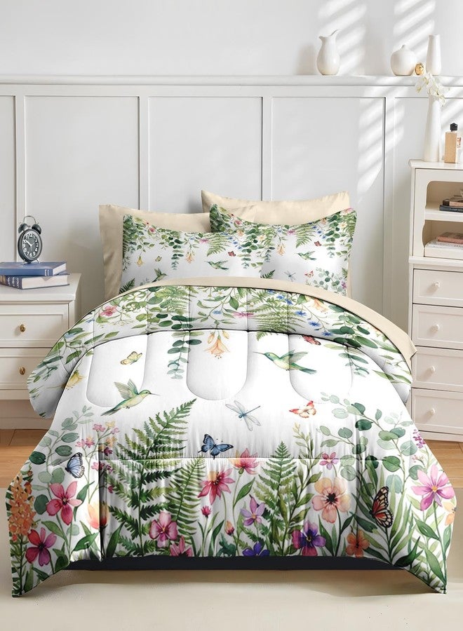 Nesker 7 Pcs Spring Comforter Set King Size, Floral Hummingbird Butterfly Bedding Set for Kids and Adults, Fern Botanical Nature Bed Sheet Sets with Fitted Sheet 2 Pillowcases & 2 Shams - Image 2