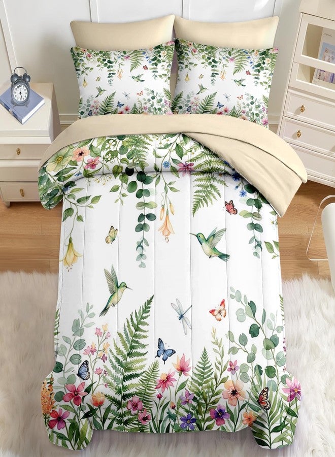 Nesker 7 Pcs Spring Comforter Set King Size, Floral Hummingbird Butterfly Bedding Set for Kids and Adults, Fern Botanical Nature Bed Sheet Sets with Fitted Sheet 2 Pillowcases & 2 Shams - Image 1
