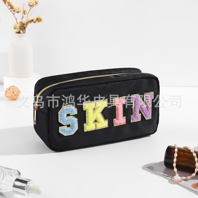 Fashion Solid Color Towel Embroidered Nylon Makeup Bag for Women Black (SKIN)