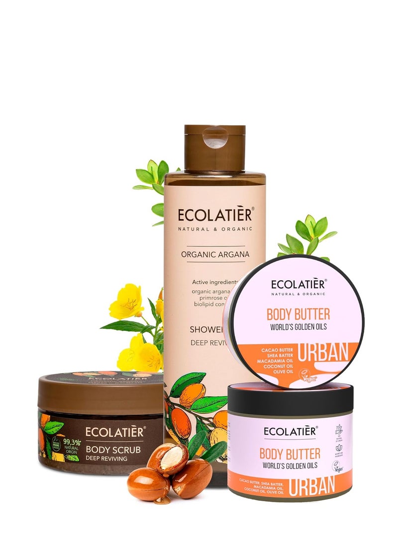 ECOLATIER مجموعة زيت الاستحمام العميق المنعش بزيت الأركان، مقشر الجسم وزبدة الجسم - للعناية بالبشرة المرطبة والمغذية بزيت الأركان العضوي النقي لبشرة ناعمة كالحرير - Image 1