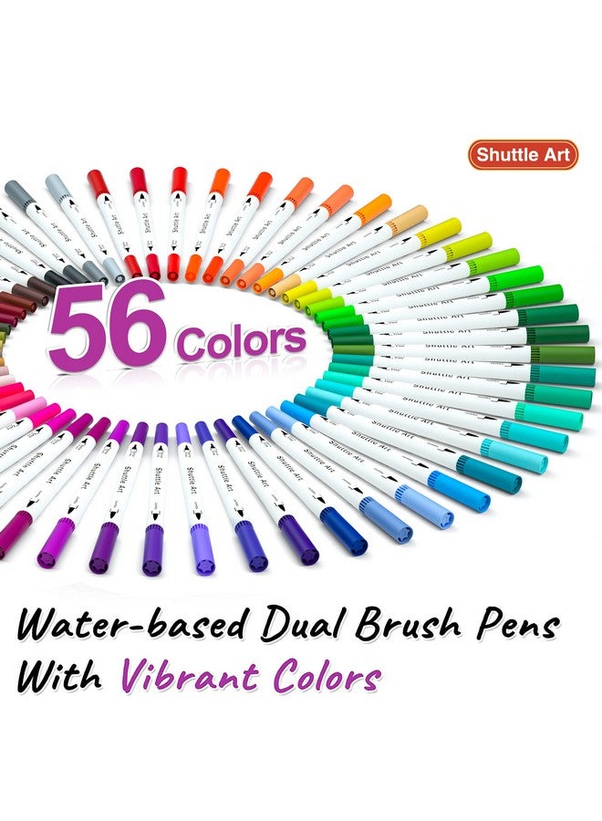شاتل أرت أقلام فرشاة مزدوجة، أقلام تحديد فنية، 56 لونًا، أقلام الخط ذات الطرف المزدوج، قلم تحديد رفيع ورأس فرشاة، مثالية للأطفال والكبار، فنان كتابة الحروف اليدوية، دفاتر تلوين للكتابة. - Image 3