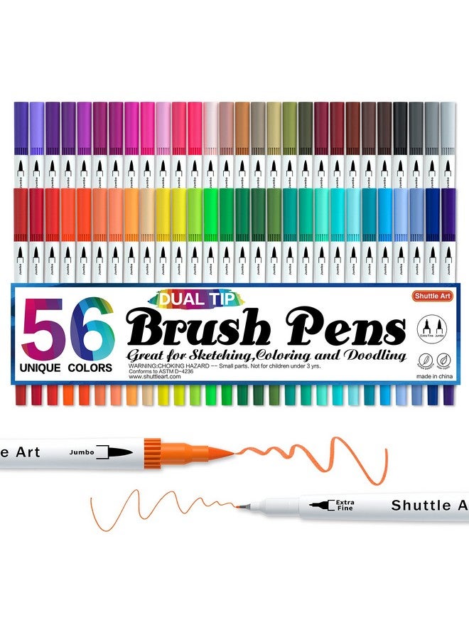 شاتل أرت أقلام فرشاة مزدوجة، أقلام تحديد فنية، 56 لونًا، أقلام الخط ذات الطرف المزدوج، قلم تحديد رفيع ورأس فرشاة، مثالية للأطفال والكبار، فنان كتابة الحروف اليدوية، دفاتر تلوين للكتابة. - Image 1
