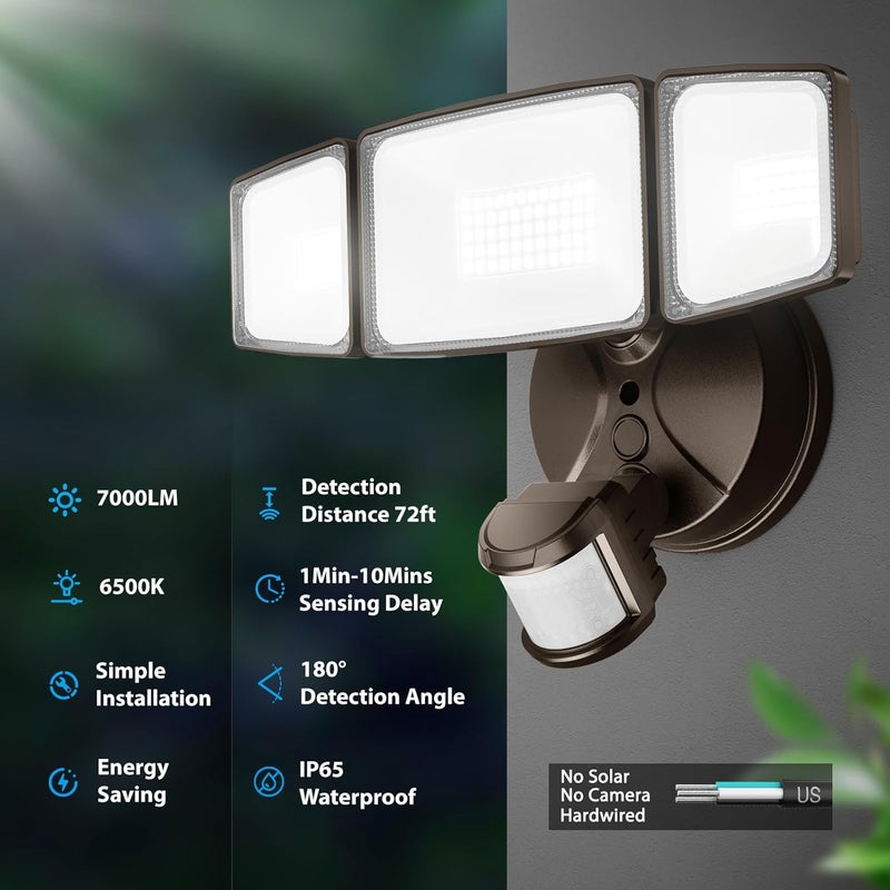 Onforu 75W LED Flood Light Motion Sensor Outdoor, 7000lm Dusk to Dawn Flood Light, Security Light with Three Head, IP65 Waterproof Exterior Floodlight, 6500k Wall Light for Entryway Stairs Yard Garage - Image 2