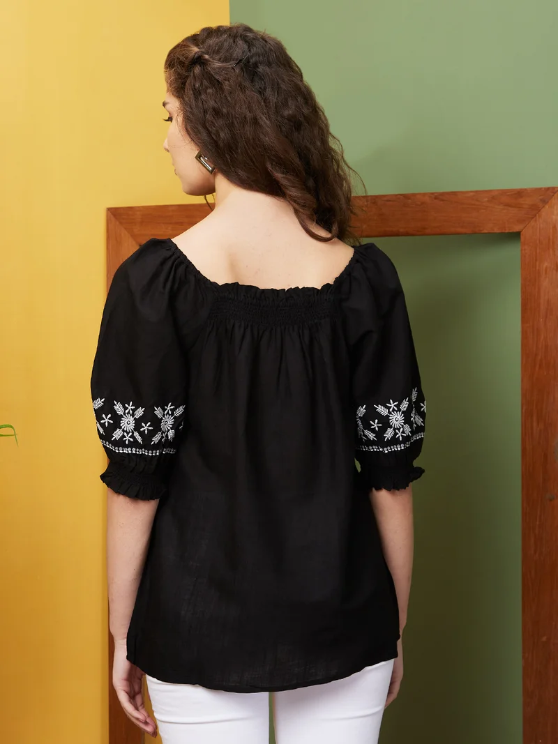 globus Women Black Embroidered Gathered Square Neck Tunic