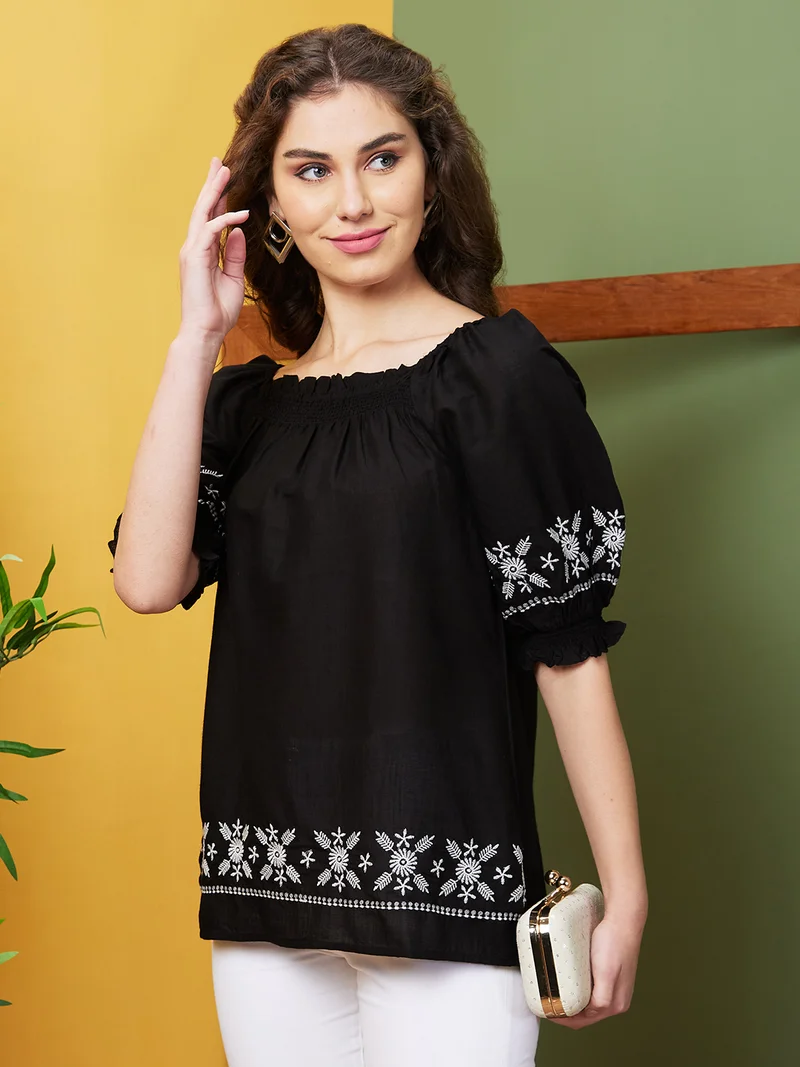 globus Women Black Embroidered Gathered Square Neck Tunic