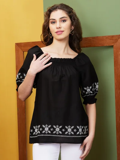 globus Women Black Embroidered Gathered Square Neck Tunic