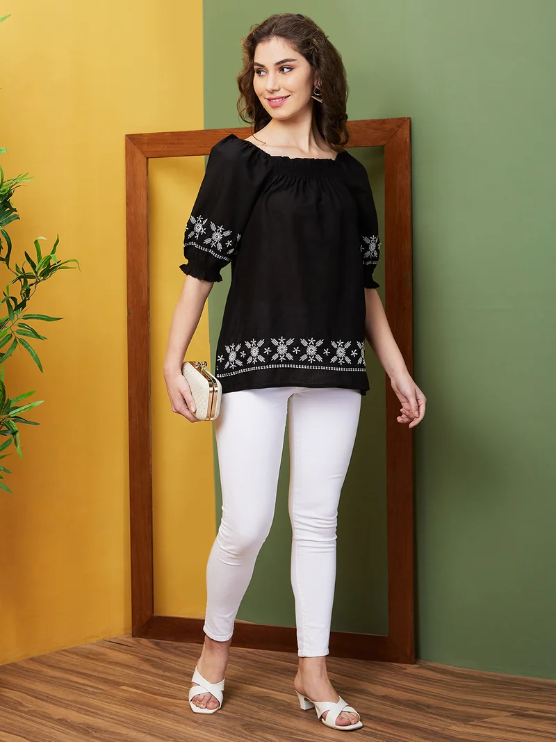 globus Women Black Embroidered Gathered Square Neck Tunic