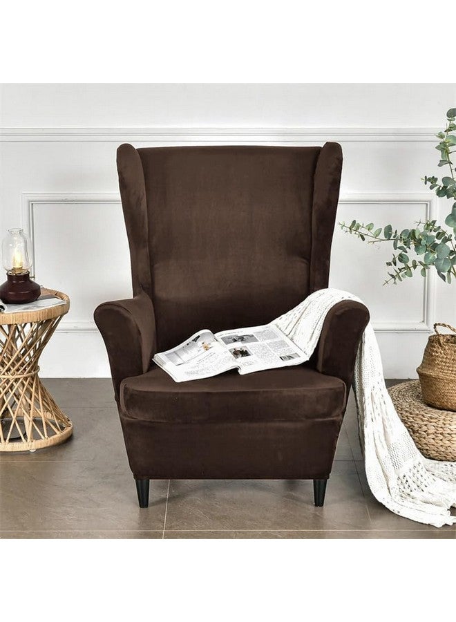 HOKIPO HOKIPO 210 GSM Premium Velvet Stretchable Wingback Chair Cover, Brown (AR-4761-BR) - Image 2