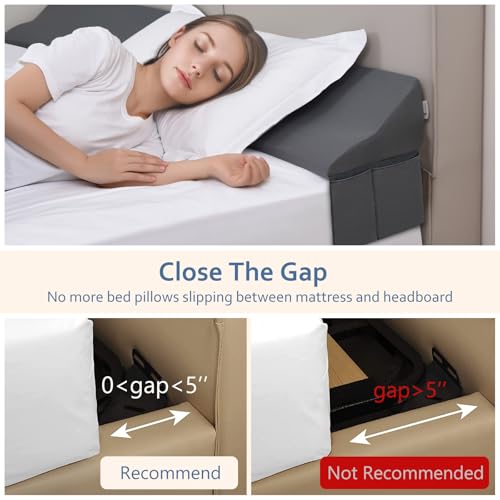 Vekkia King Bed Wedge Pillow for Headboard Gap – 0–6" Bed Gap Filler with Firm Foam Support & Extra-Large Pockets – Prevents Lost Pillows, Phones & Small Items (Gray) - Image 4