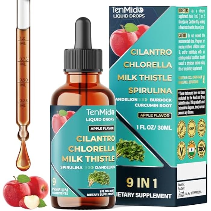 Tenmido 9in1 Cilantro Tincture - Herbal Extract Liquid Supplements with Chlorella, Milk Thistle, Spirulina, Dandelion, Burdock Root, Curcumin, Garlic, and Ginger - 30ml 1 Fl Oz - Image 1