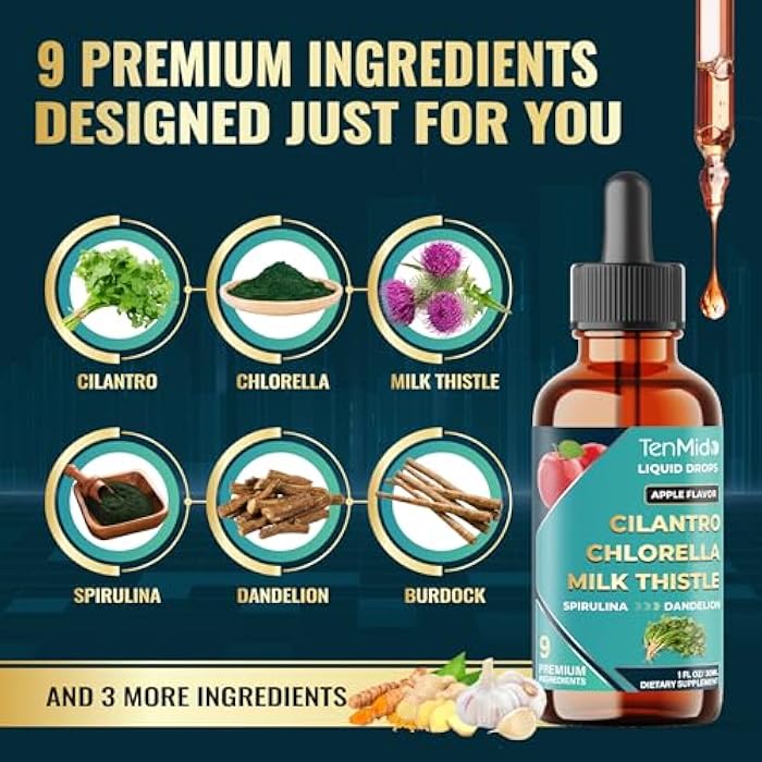Tenmido 9in1 Cilantro Tincture - Herbal Extract Liquid Supplements with Chlorella, Milk Thistle, Spirulina, Dandelion, Burdock Root, Curcumin, Garlic, and Ginger - 30ml 1 Fl Oz - Image 3