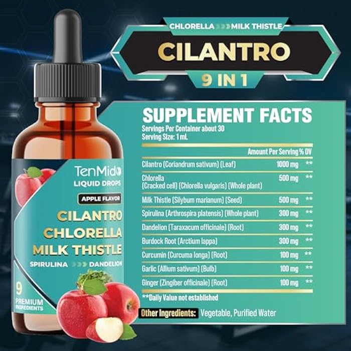 Tenmido 9in1 Cilantro Tincture - Herbal Extract Liquid Supplements with Chlorella, Milk Thistle, Spirulina, Dandelion, Burdock Root, Curcumin, Garlic, and Ginger - 30ml 1 Fl Oz - Image 2