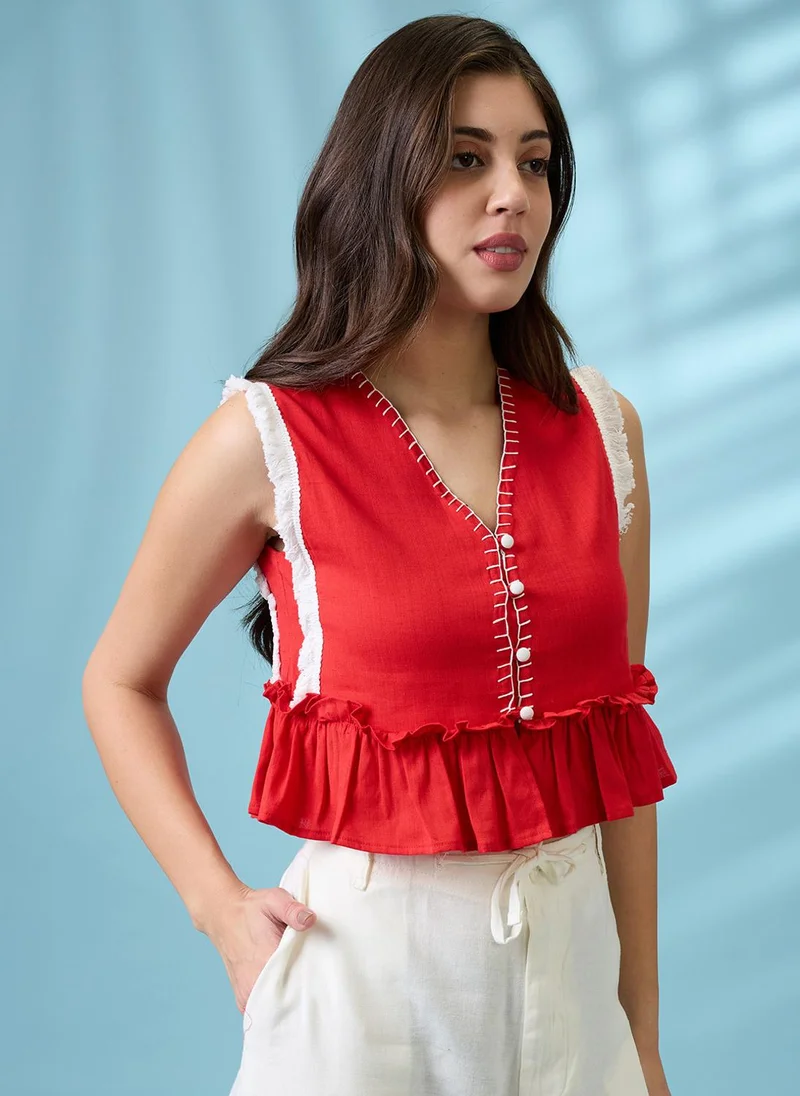 globus Globus Women Red V-Neck Thread Work Detail & Lace Inserts Pleated Crop Top