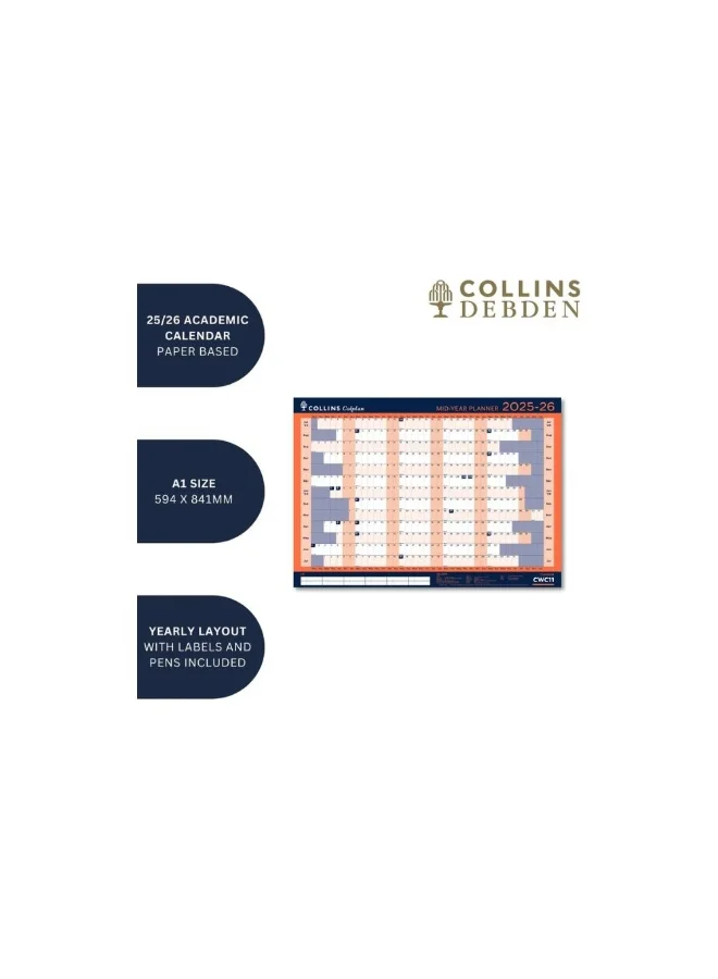 Collins Collins Colplan 12 Month Mid/Academic Year Wall Planner, July 2025, July 2026 Monthly Calendar, A1 Size