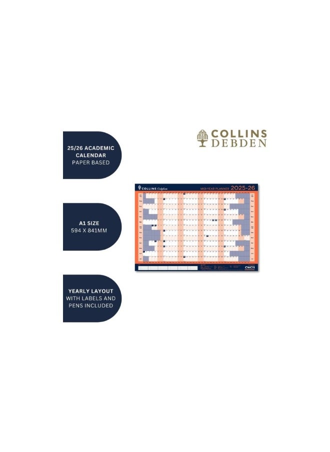 Collins Debden Collins Colplan 12 Month Mid/Academic Year Wall Planner, July 2025, July 2026 Monthly Calendar, A1 Size  - Image 2