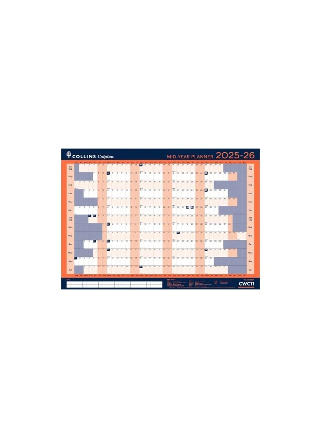 Collins Collins Colplan 12 Month Mid/Academic Year Wall Planner, July 2025, July 2026 Monthly Calendar, A1 Size