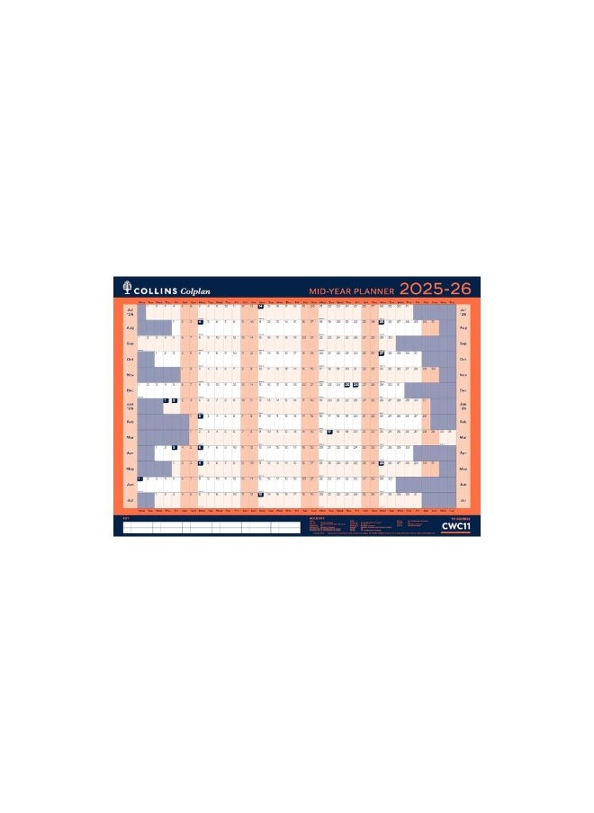 Collins Debden Collins Colplan 12 Month Mid/Academic Year Wall Planner, July 2025, July 2026 Monthly Calendar, A1 Size  - Image 1